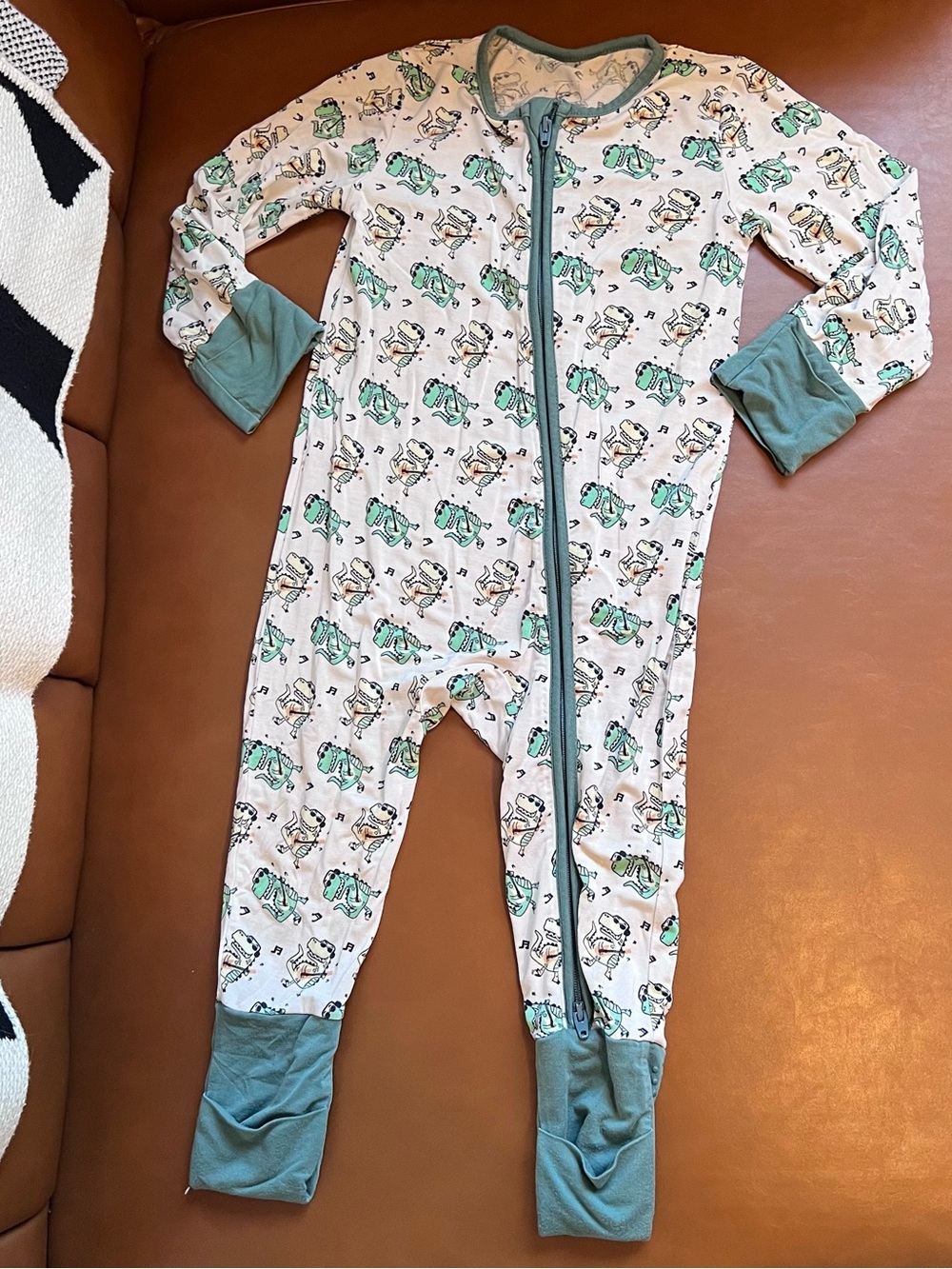 JunNeng Bamboo Convertible Footie Sleeper 80 (18-24M) Green Dinosaur T-Rex